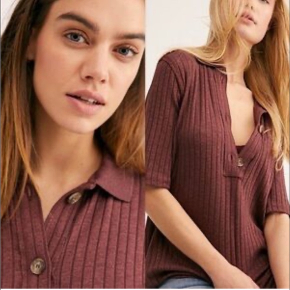 Free People Knit Top Heart Strings Short Sleeve Ribbed Shirt Mahogany Size Small - Picture 2 of 10